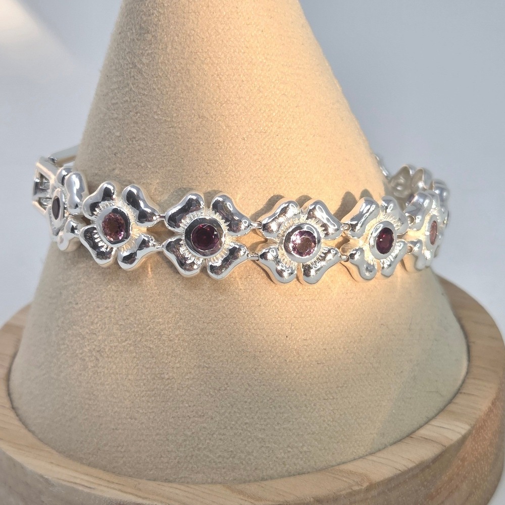 Sterling Silver Flower Bracelet Amethyst Garnet Thailand STS 925 7" 22.1g‎